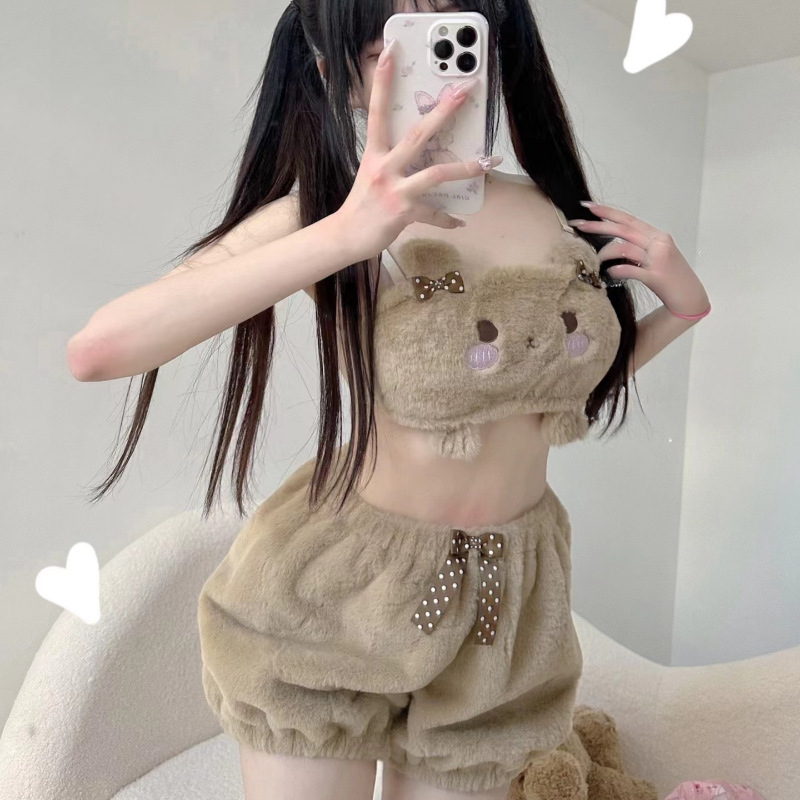 Kawaii Pyjamas Camis Bequeme Plüsch Shorts Homewear Niedliche Cartoon Nachtwäsche Milch Seide Damen Unterwäsche Set