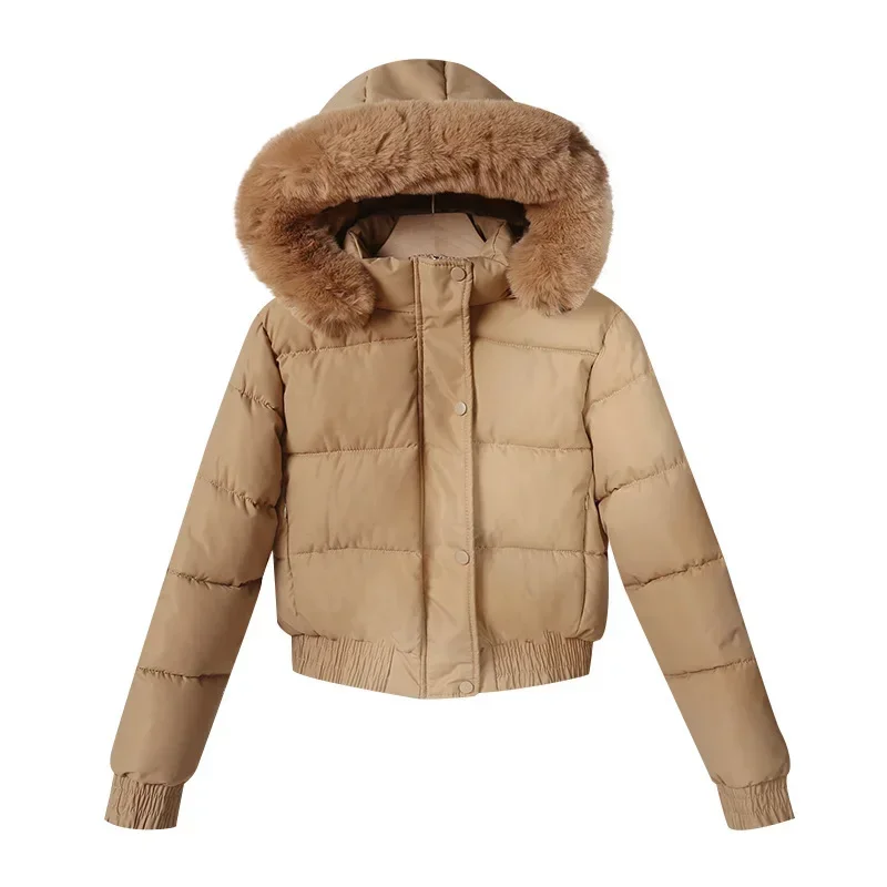 Chaqueta acolchada con capucha para mujer, abrigo de algodón grueso para invierno, abrigos cálidos para panadería, abrigo de algodón holgado con cuello de piel grande 2024