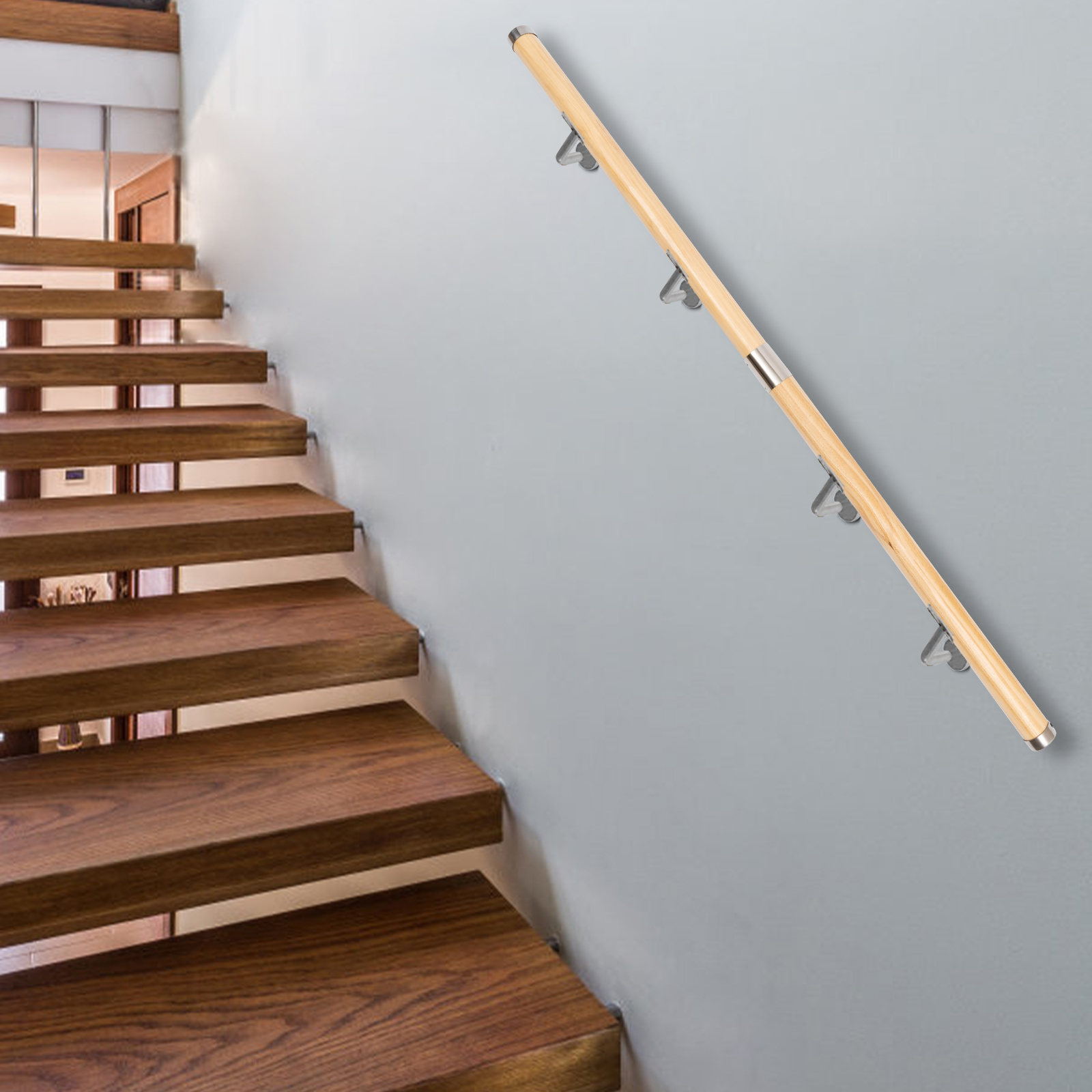 5ft Wooden Handrails Non-Slip Stair Railing Wall Mount Handrail Grab Bar Handrails Support Rod for Home Garden Corridor Lofts
