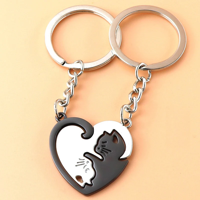 Lindo abrazo gato llavero creativo Patchwork corazón redondo llavero pareja amantes llaveros bolsa colgante coche llavero accesorios regalo