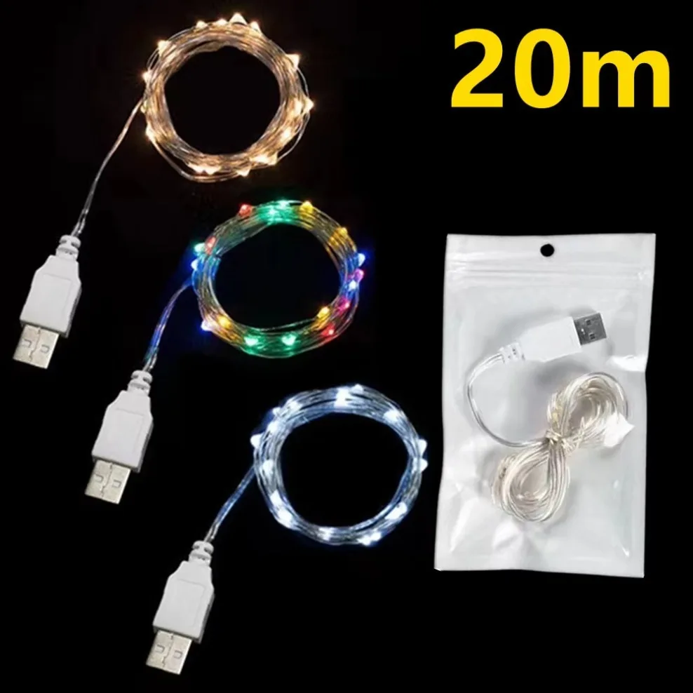 20M USB impermeabile luci a LED stringa filo di rame argento ghirlanda luci leggiadramente per la ghirlanda di decorazioni per feste di nozze di Natale