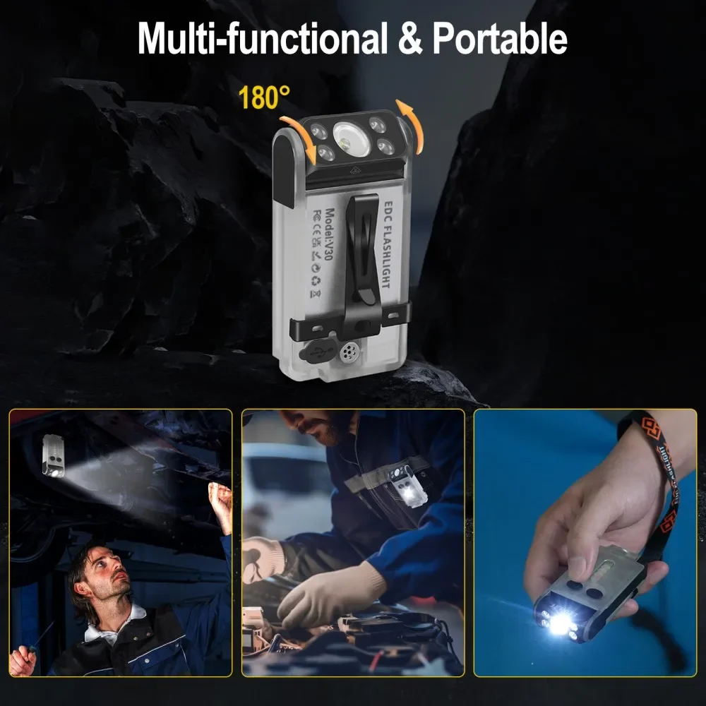 BORUiT V30 900LM UV-LED-EDC-Taschenlampe Typ C wiederaufladbare Powerbank-Arbeitsleuchte mit magnetischem Summer, Camping-Taschenlaterne
