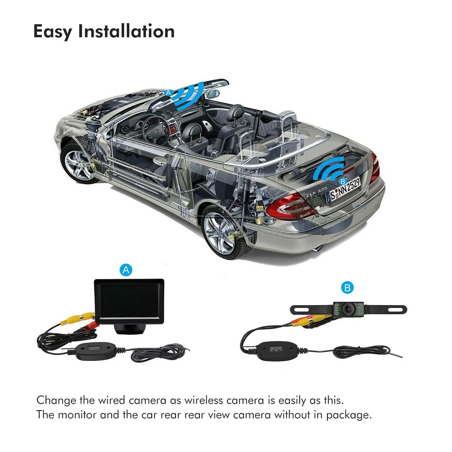 Amprime 2.4g módulo sem fio transmissor e receptor carro reverso vista traseira câmera de backup monitor assistência estacionamento veículo cam