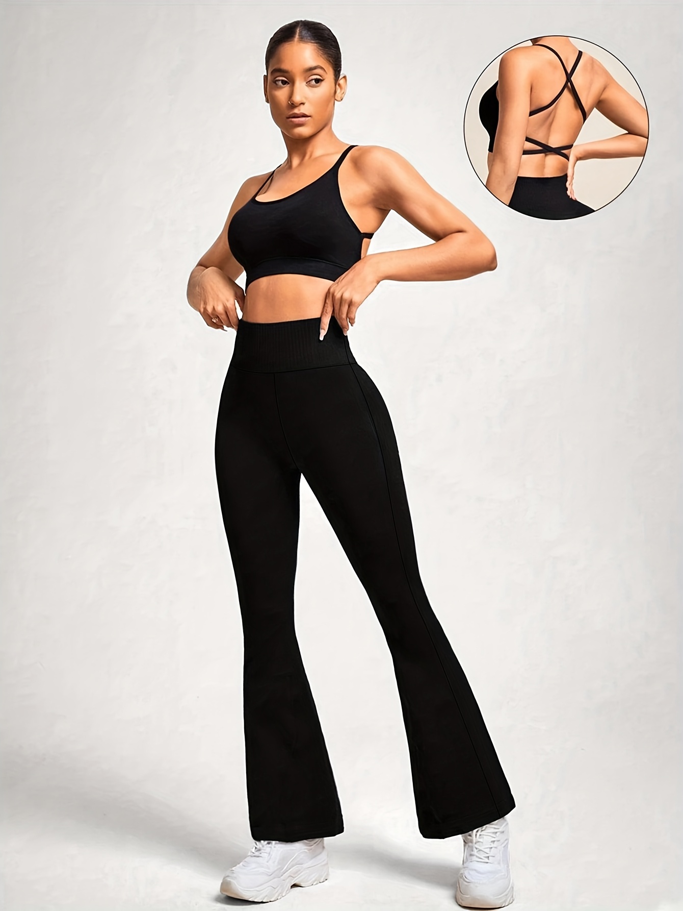Women's casual elastic flared pants, high waisted black wide leg pants, suitable for spring and summer office wear