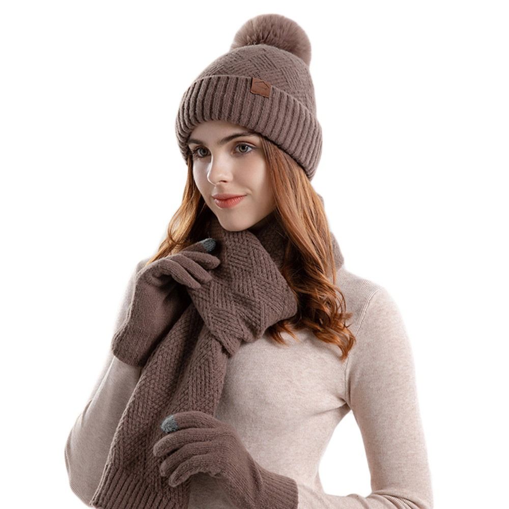 3Pcs/Set Winter Touchscreen Knitted Hat Neck Protection Warm Scarf Gloves Set Windproof Outdoor Beanies Hat Men Women