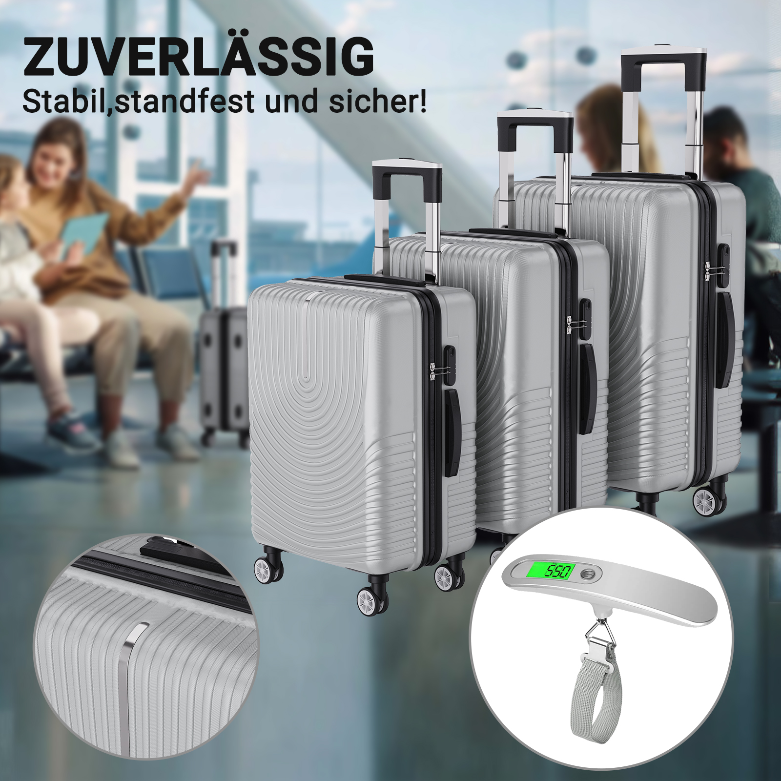 Conjunto Comanlai de 3 malas com trava TSA e rodas universais, bagagem de mão de viagem ABS com suporte de carga portátil, prata