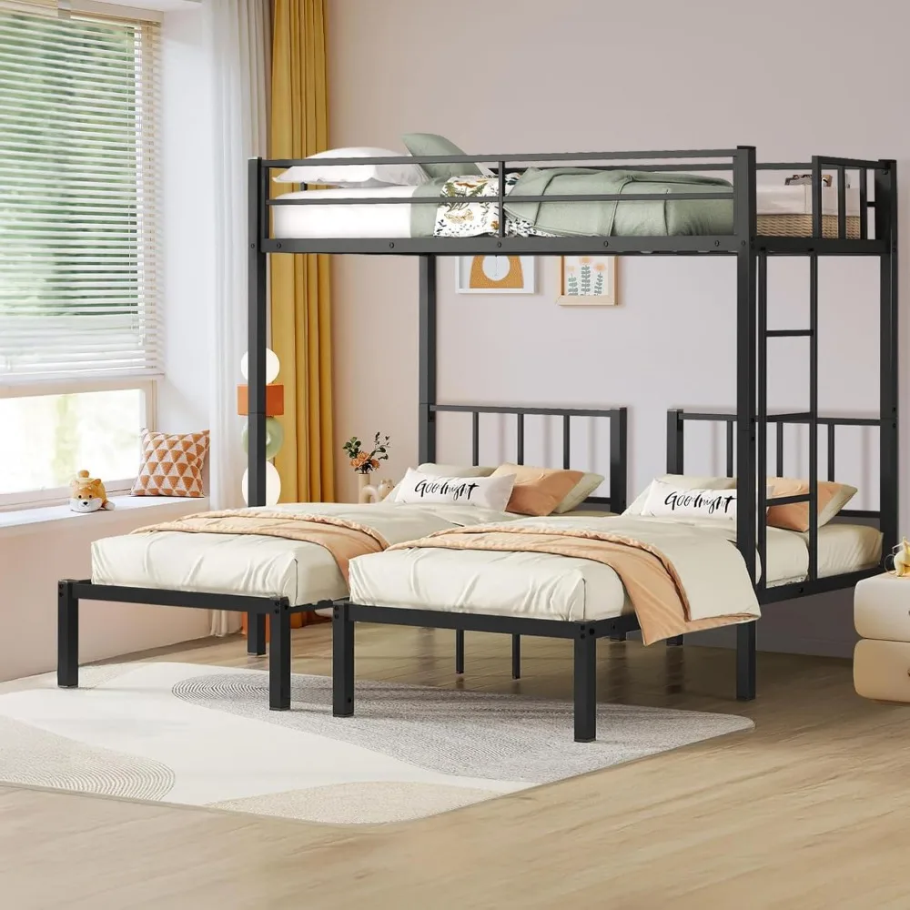 Twin Over Twin & Twin Bunk Beds for 3, Triple Bunk Bed for 3 with Guardrails, Ladder & Upper-Bed Platform, for Children, Teens