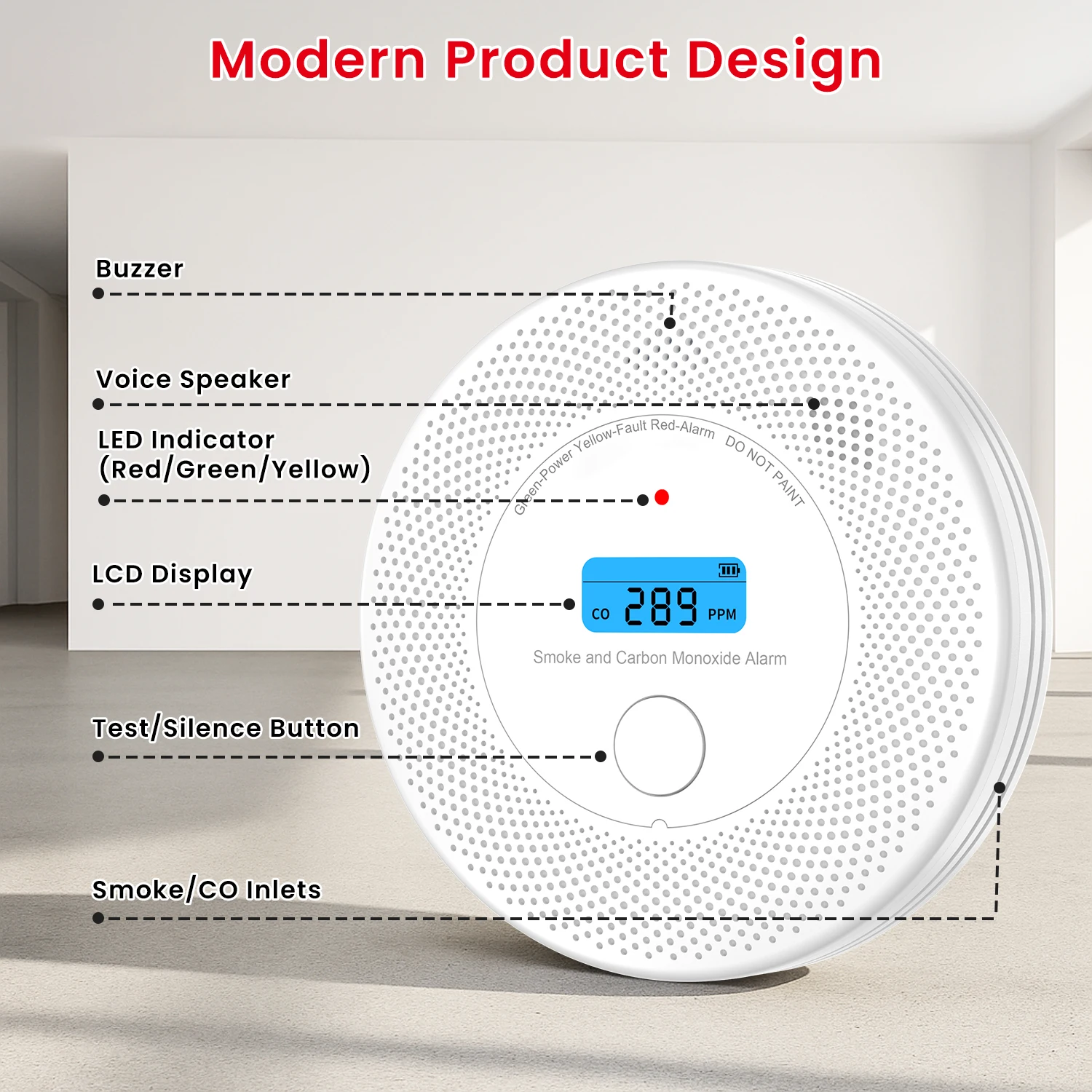 2-in-1 Smoke and Carbon Monoxide Detector Alarm with Voice Alert，10-Year Battery Fire & CO Alarm with Large LCD Display