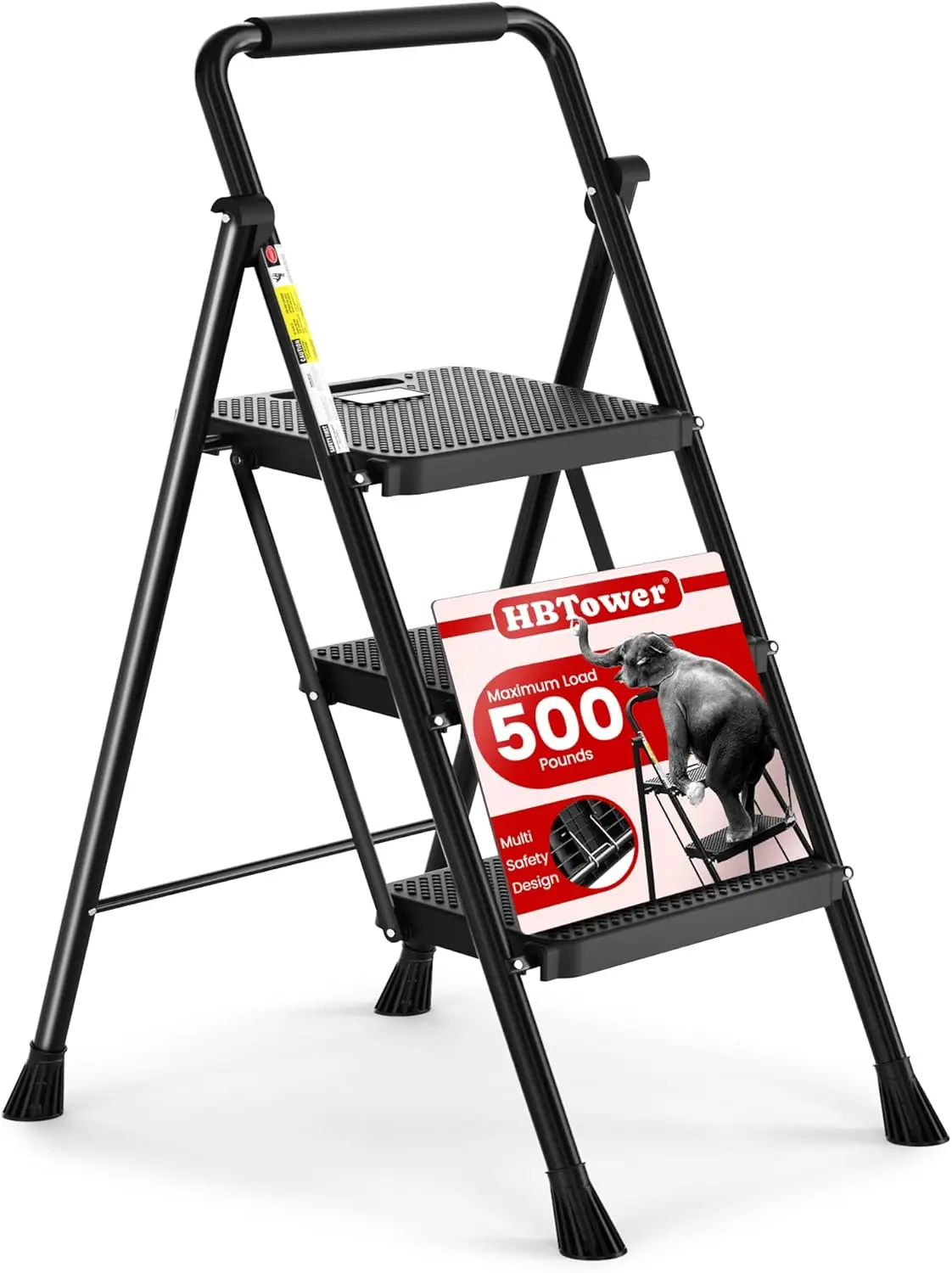 Escalera plegable de 3 escalones, peldaños antideslizantes con asas cómodas, escalera portátil de acero, negro