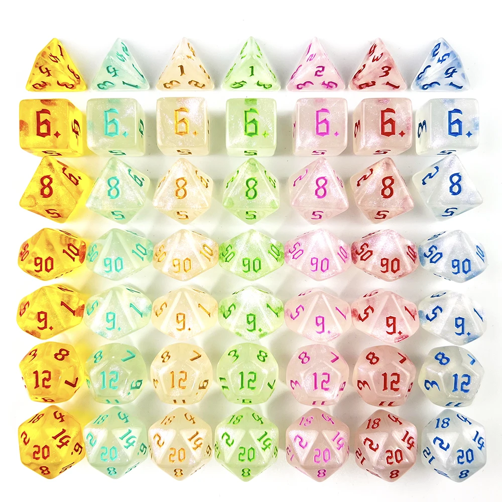 Juego de dados poliédricos Dados rpg Efecto especial de luz de estrellas Increíble estilo de fuente retro Juego de 7 dados para juego de mesa Juego enrollable