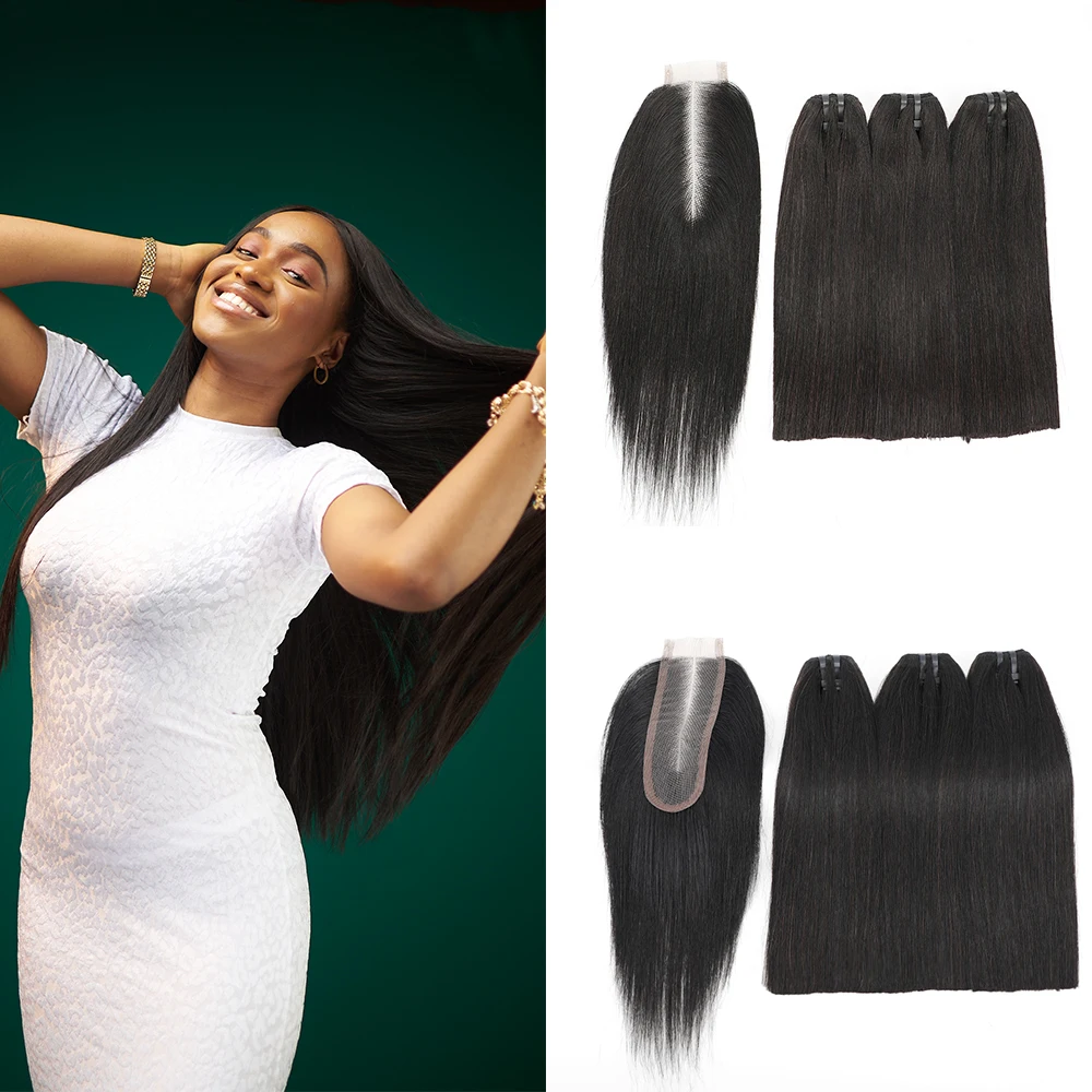 Bone Straight Raw Cabelo Humano Pacotes com Fecho, 100% 12A, Natural Black, 2x6 Lace, Kim K, 3 Pacotes