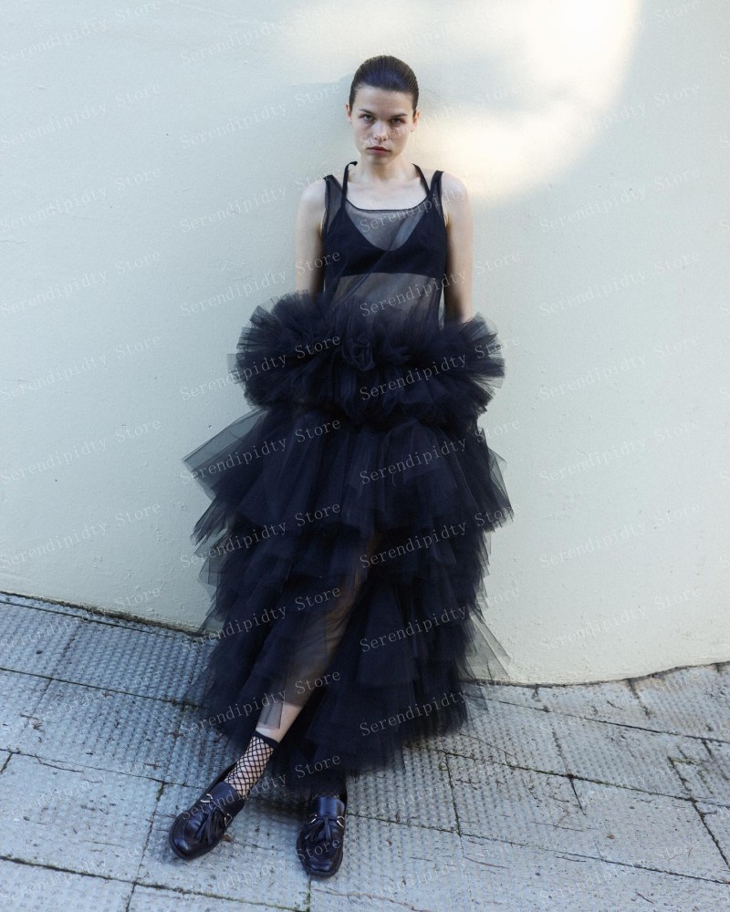 SERENDIPIDTY-Veja Através Do Vestido De Baile De Tule Preto, Ruffled Em Camadas, Comprimento Midi Fofo, Roupas Femininas, Custom Made Prom Dresses