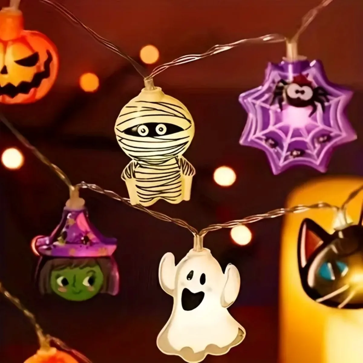 1PC ฮาโลวีน 10/20 LED แบตเตอรี่ขับเคลื่อนไฟ String Ghost แม่มดแมวฟักทอง Spider Web Skeleton Mummy โจรสลัดรูปร่างในร่ม