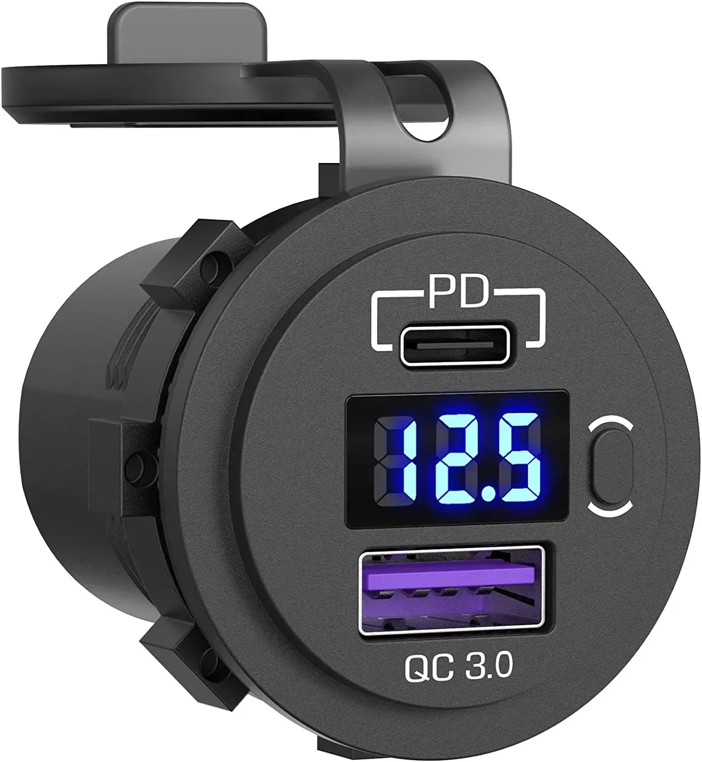 Soquete usb c para carregador de carro, 12v/24v, tomada usb dupla pd3.0 e qc3.0, porta usb para carro com voltímetro led e interruptor liga/desliga