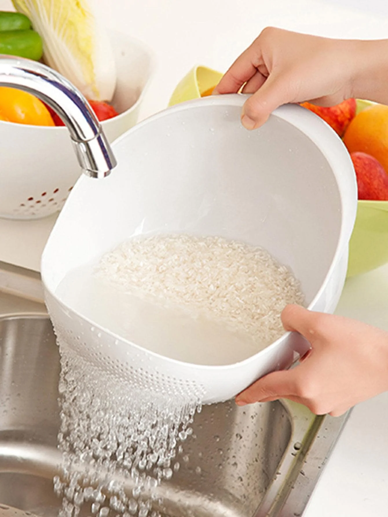 1/3 stks-Zeef Rijstkom Afvoermand Fruitschaal Wassen Afvoermand met Handvat Wasmand Thuis keuken Organizer
