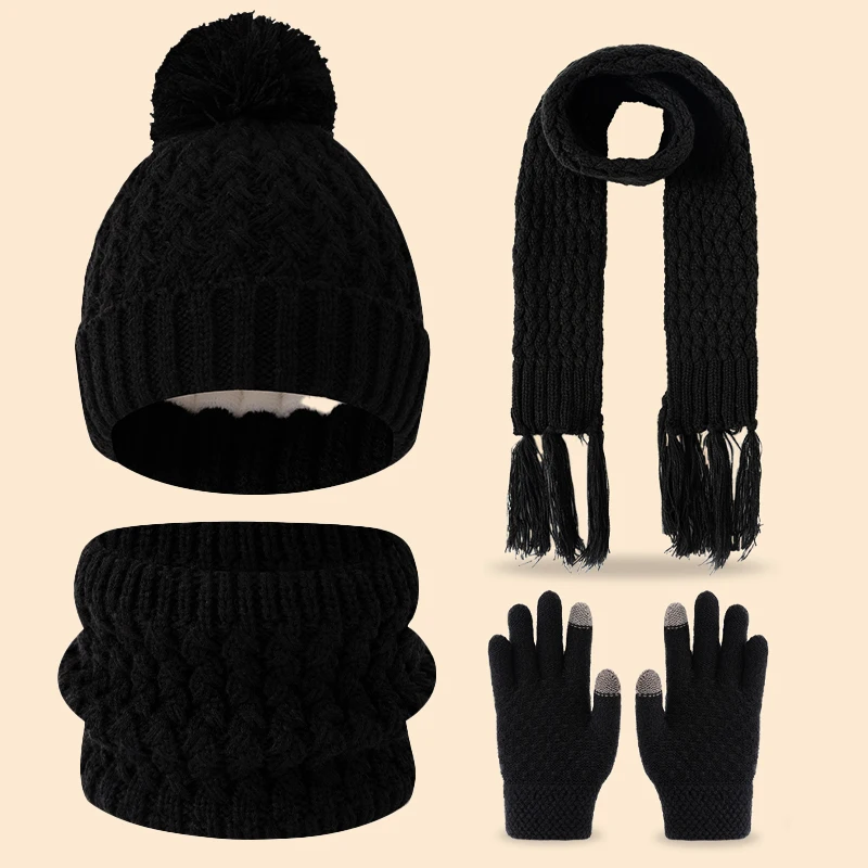 Un simpatico pile invernale a una sola palla e un set addensato di sciarpe, cappelli e guanti con nappe per bambini di 3-14 anni