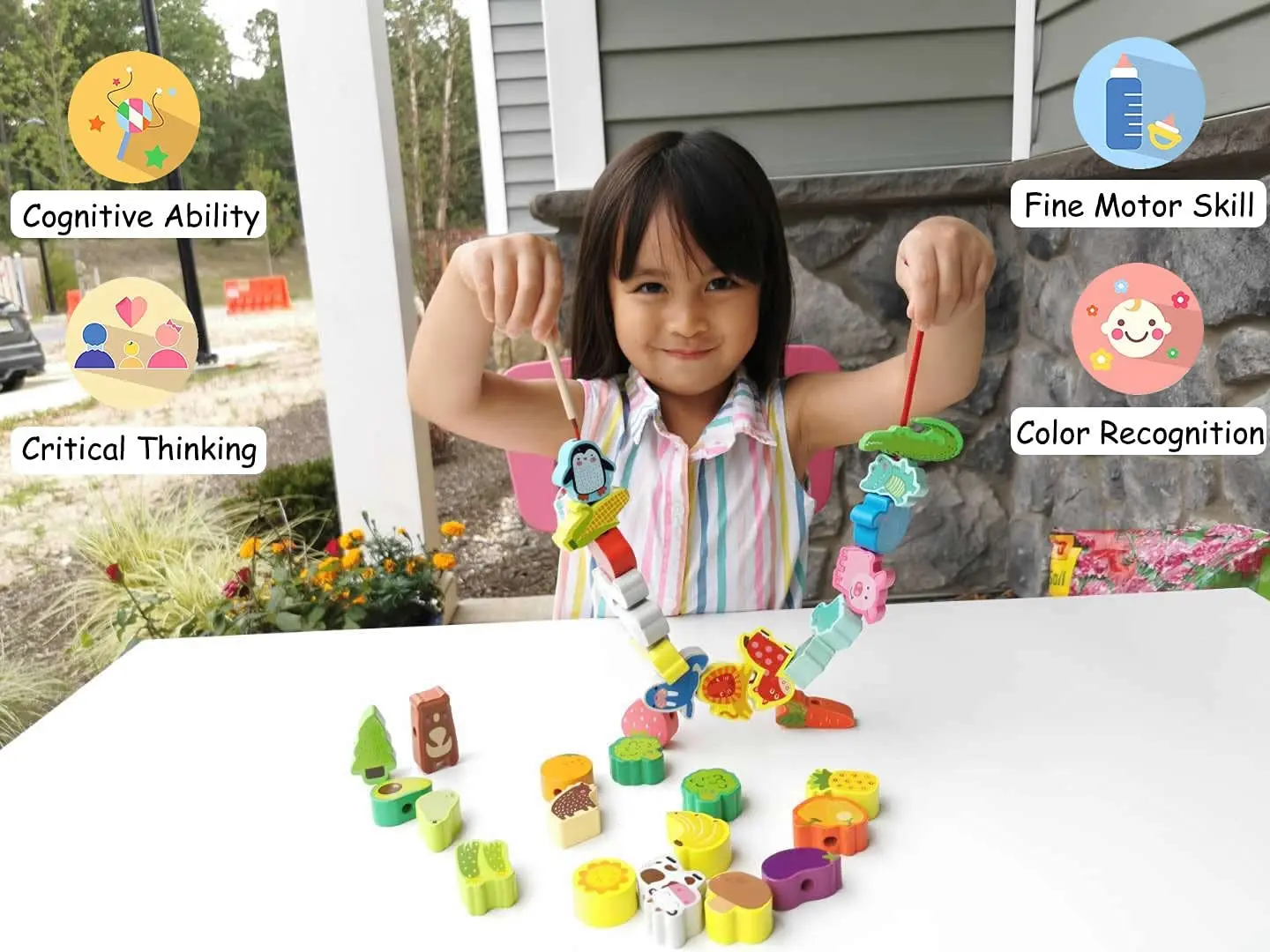 ของเล่นไม้เด็ก DIY ของเล่นการ์ตูนผลไม้สัตว์ Stringing Threading ลูกปัดไม้ของเล่น Montessori การศึกษาสําหรับเด็ก