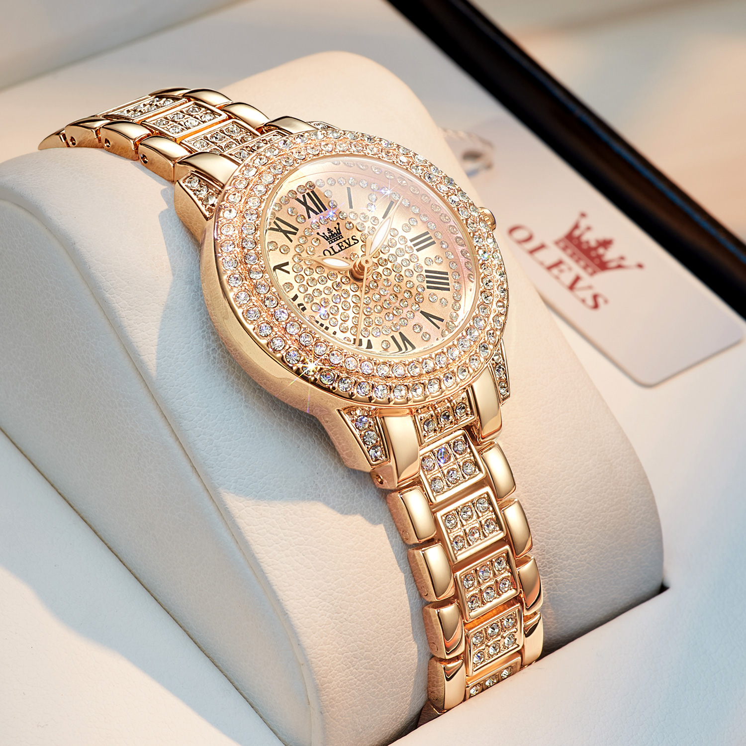 Olevs original relógio de diamante para mulheres moda elegante aço inoxidável à prova dwaterproof água relógio de pulso de quartzo luxo senhoras vestido relógios