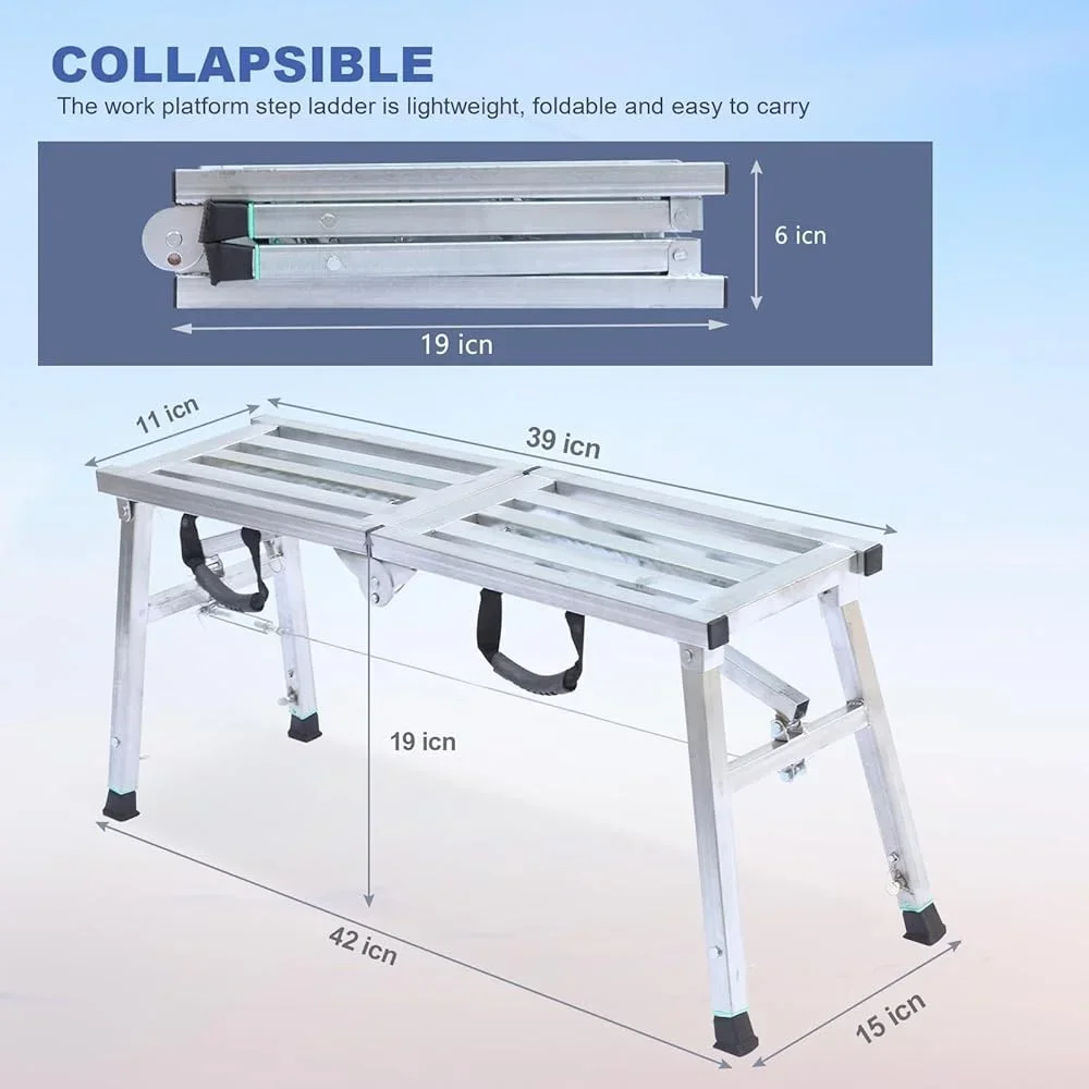 Adjustable Folding Scaffolding Platform Steel Step Ladder Portable 400lbs Duty Rating RV Cleaning Work Support Anti-Slip Design