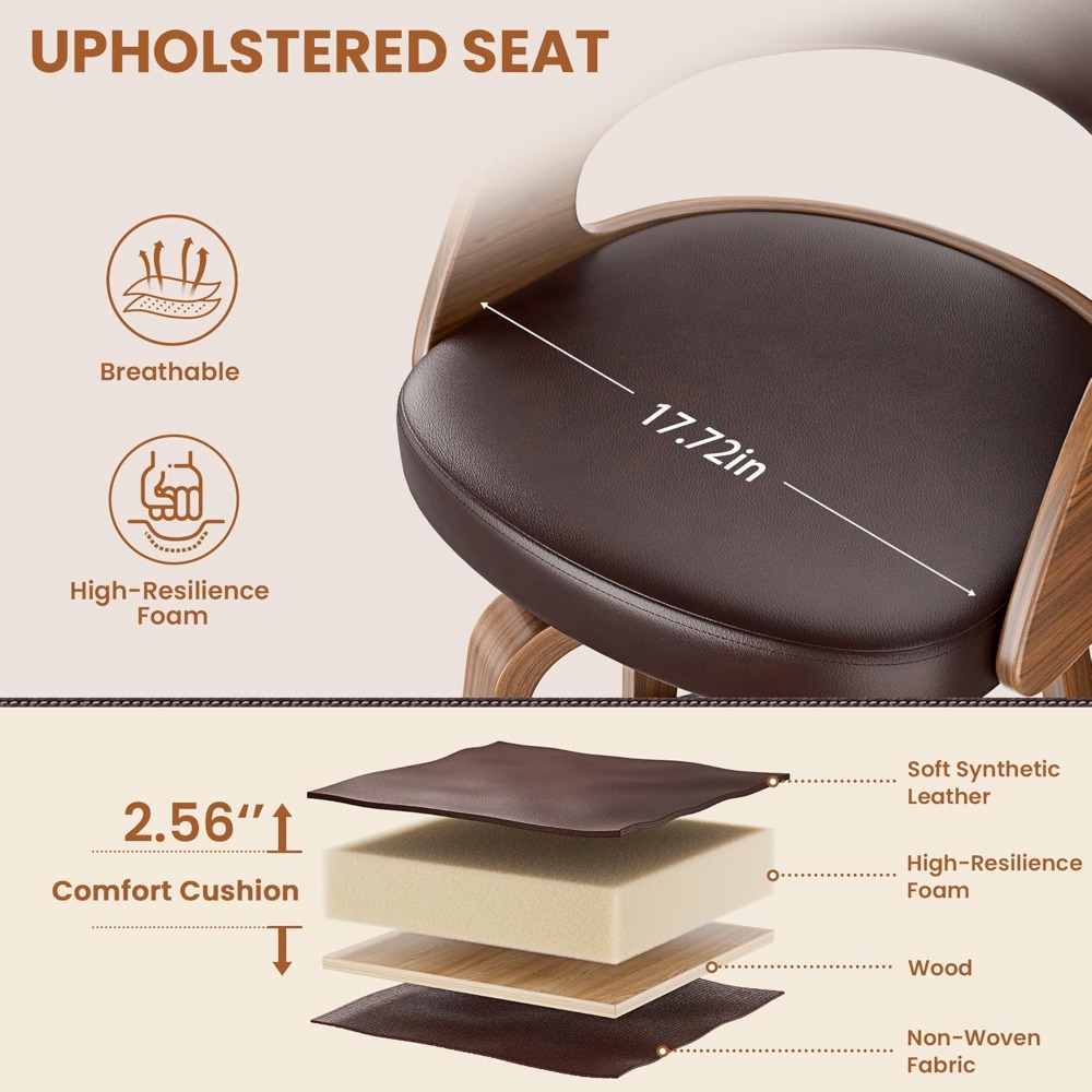 Bar Stools Set of 3, 26" Counter Height Barstools with Bentwood Legs, Swivel Counter Stools with Back, Mid Century Modern Faux L