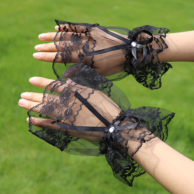 Guantes clásicos sin dedos con mangas cortas para mujer, guantes de moda con lazo, puños de muñeca de encaje, pulseras, guantes blancos y negros sólidos
