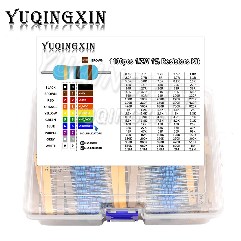 Kit de resistencias de película metálica, 1100 Uds., 1/2W, 1% 0,1 ohm - 2,2 M, 110 valores x 10 Uds., juego de resistencias de 0,5 W, paquete surtido