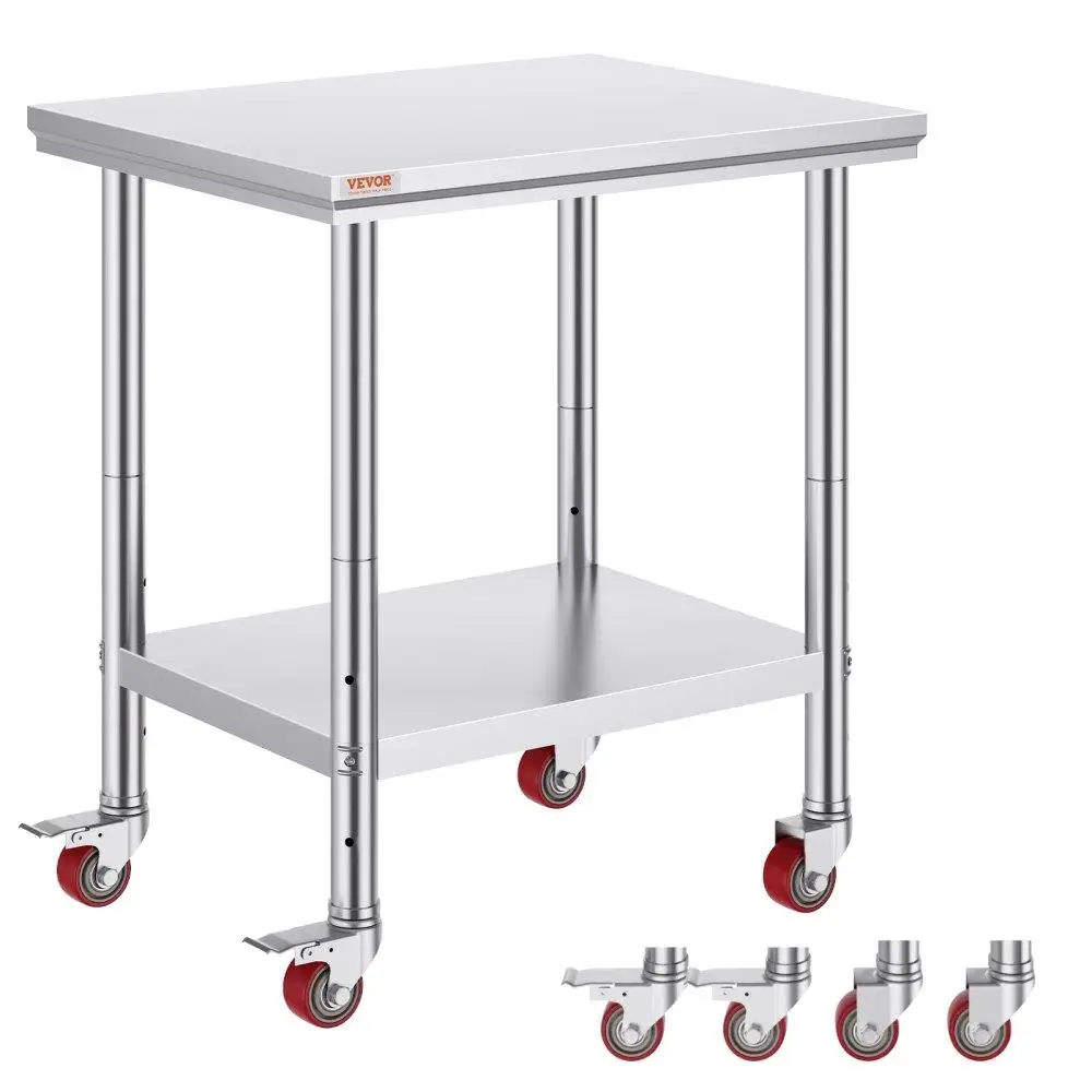 30x24 Inch Stainless Steel Commercial Work Table with 4 Wheels Adjustable Shelf for kitchen  Prep Station