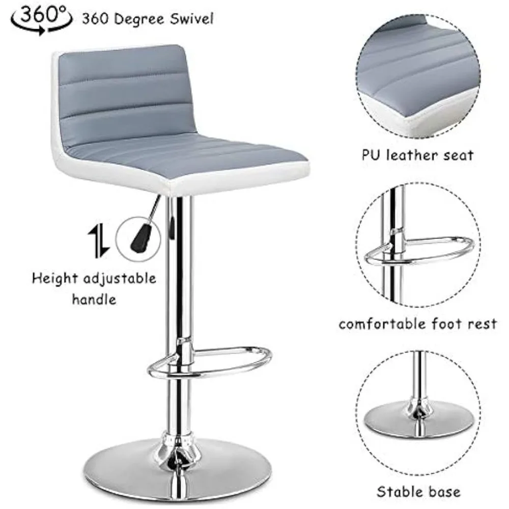 Set of 4 Adjustable Bar Stool, PU Leather Counter Height Square Stool with Low Backrest & Sturdy Chromed Round Base