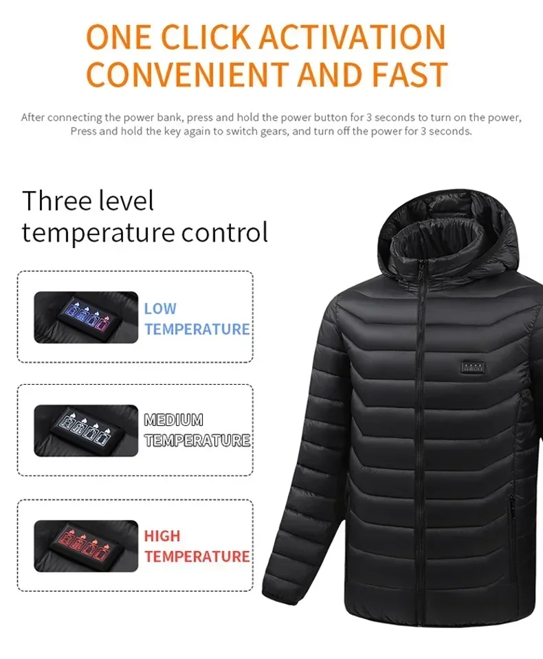 -20 ℃ Winter 21-Zonen-Heizanzug, USB, intelligente Temperaturregelung, mehrere Gänge, Einstellung, Kapuzen-Baumwolljacke, schwarzer Mantel, 발 ServiesCu Daug