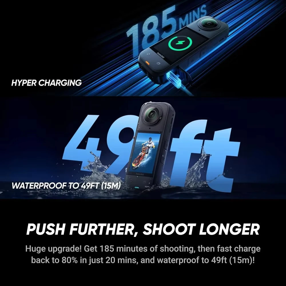 Insta360 X5 Waterproof 8K 360° Action Cam Lenses8K 30fps 360° Video X5 Action Camera Wind Guard 185mins New original