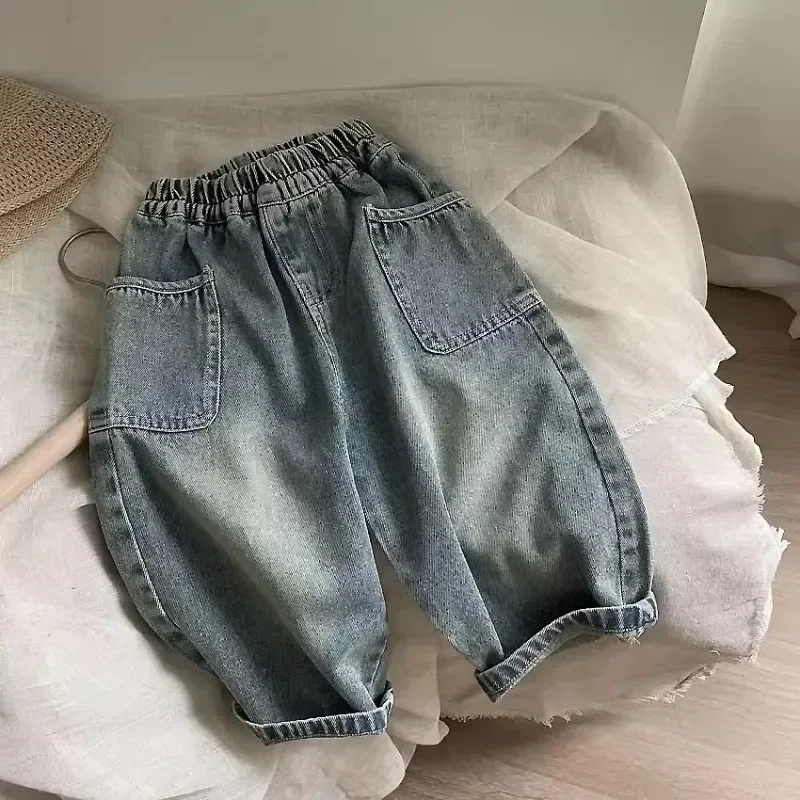 용수철 및 가을 어린이 바지, 단색 어린이 스트레이트 청바지, 소년 루즈 캐주얼 데님 바지, 2025 신상 패션
