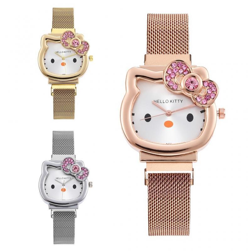 Reloj de diamantes de Hello Kitty con lazo de gato Kawaii rosa para mujer, joyería de Metal dorada y plateada, reloj magnético de dibujos animados para cumpleaños de novia