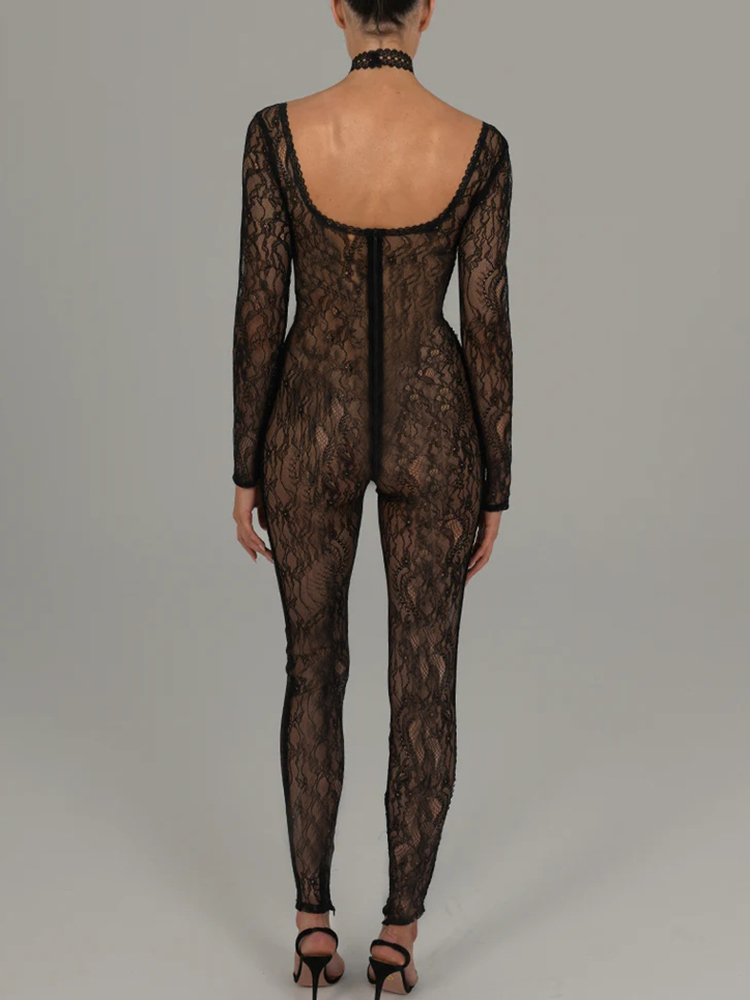 Fantoye セクシーなシースルーレース花女性ジャンプスーツ白長袖中空アウトジャンプスーツ秋ボディコンエレガントなパーティークラブウェア