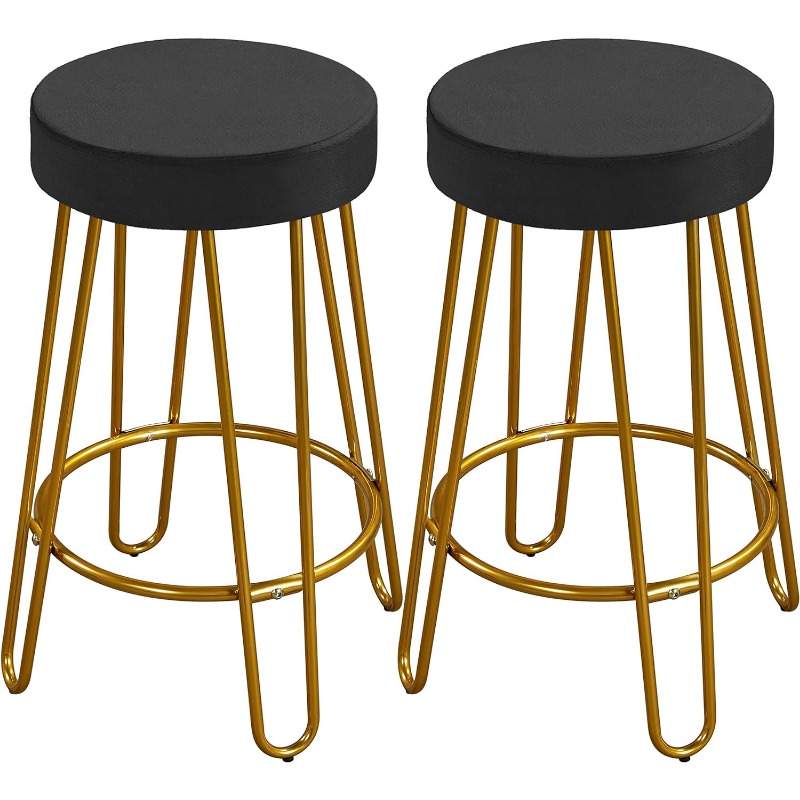 Round Kitchen Counter Stool Home Bar Height Stools with Golden Hairpin Legs Upholstered Velvet Seat for Dining Room, Set of 2