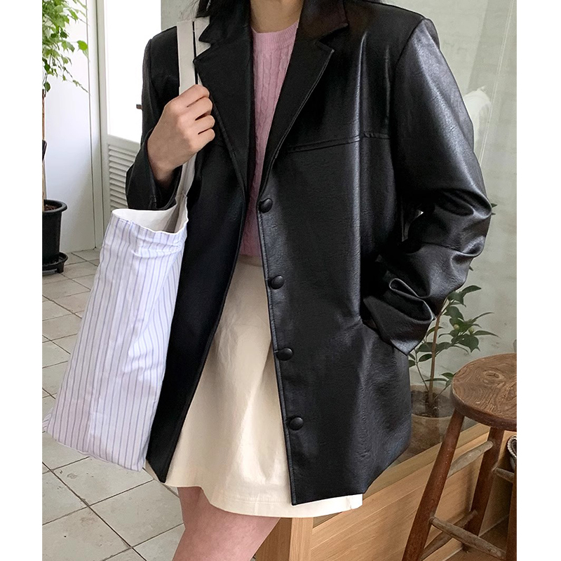 Chic Autumnal Loose Fit Tailored Lapel Single Button Pure Color PU Leather Jacket Women's Fashion Commute Sle Long Sleeve