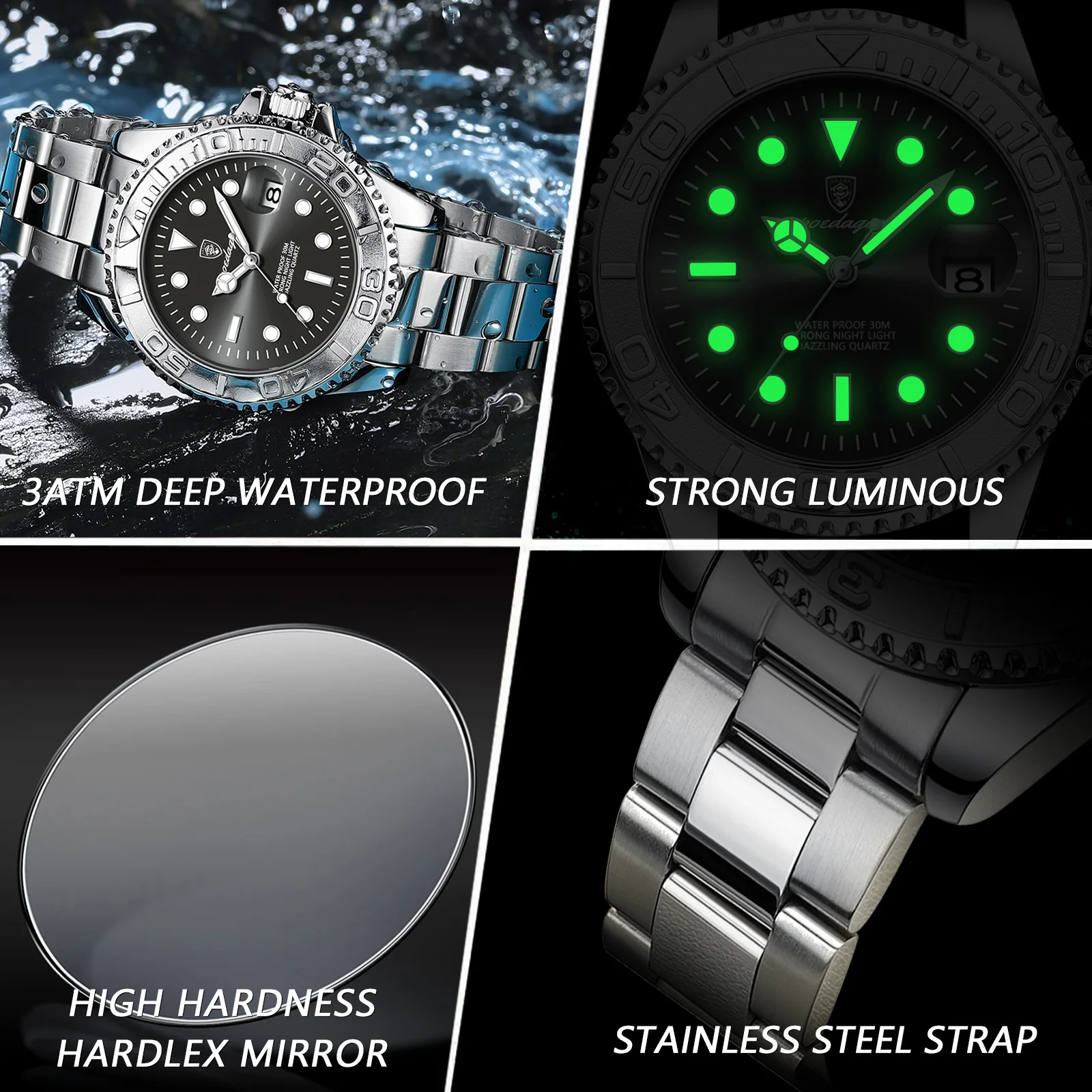 Reloj POEDAGAR de lujo para hombre, Reloj de cuarzo de negocios para hombre, Reloj deportivo resistente al agua con fecha luminosa, relojes de acero inoxidable para hombre, Reloj + caja
