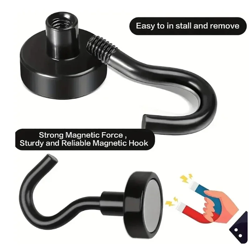 6Pcs Black Magnetic Hook 15 Lbs (Approx 7Kg) Indoor Hangings, Kitchens, Workplaces, Offices and Garages