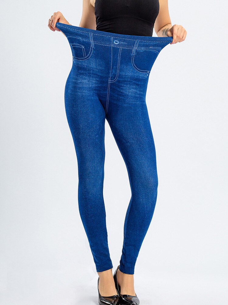 CUHAKCI Workout Running Push Up Slim Women Leggings Hole Print Trousers Faux Denim Jeans High Waist Elastic Pants Fitness Sports