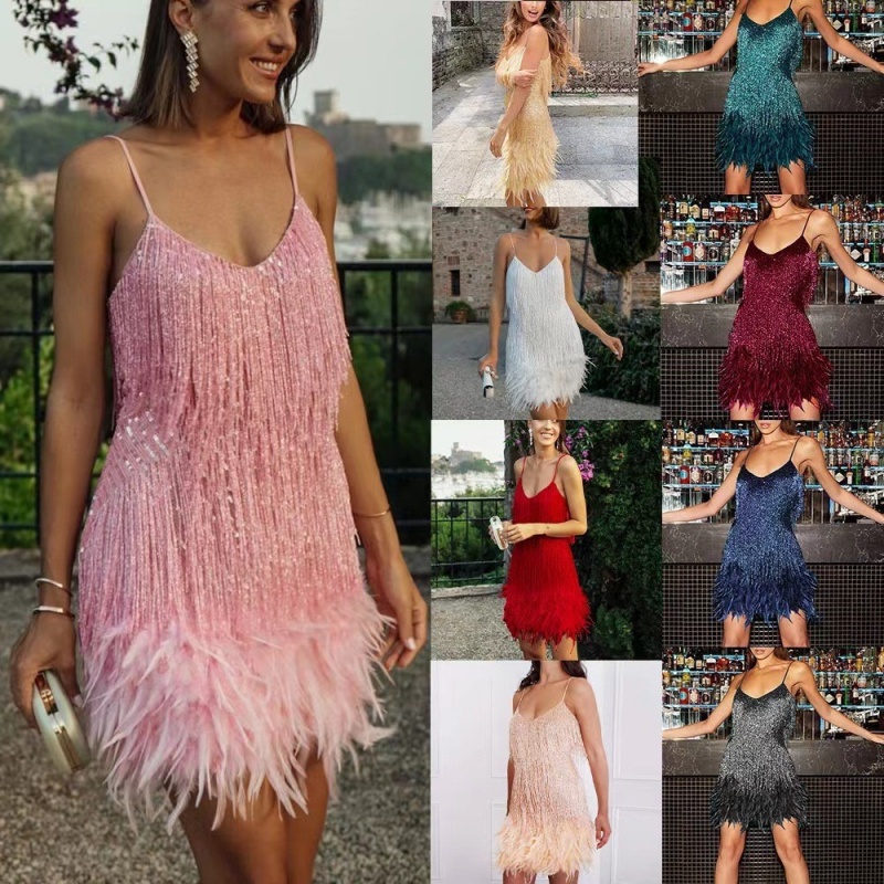 Mini vestido com franjas de lantejoulas e acabamento de penas vestido de festa brilhante com decote em V sem mangas para mulheres no clube noturno