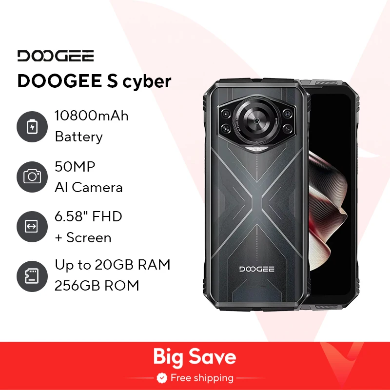 Estreia mundial DOOGEE S Cyber Robusto Phone 6.58 "90Hz Tela IPS 10800mAh Bateria Grande 8GB + 256GB 50MP AI Câmera Principal Android 14