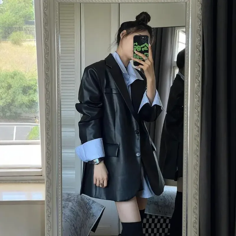 2024 novo estilo jaqueta de couro genuíno feminino solto ajuste casual elegante high-end sensação superior coreano vintage jaqueta preta