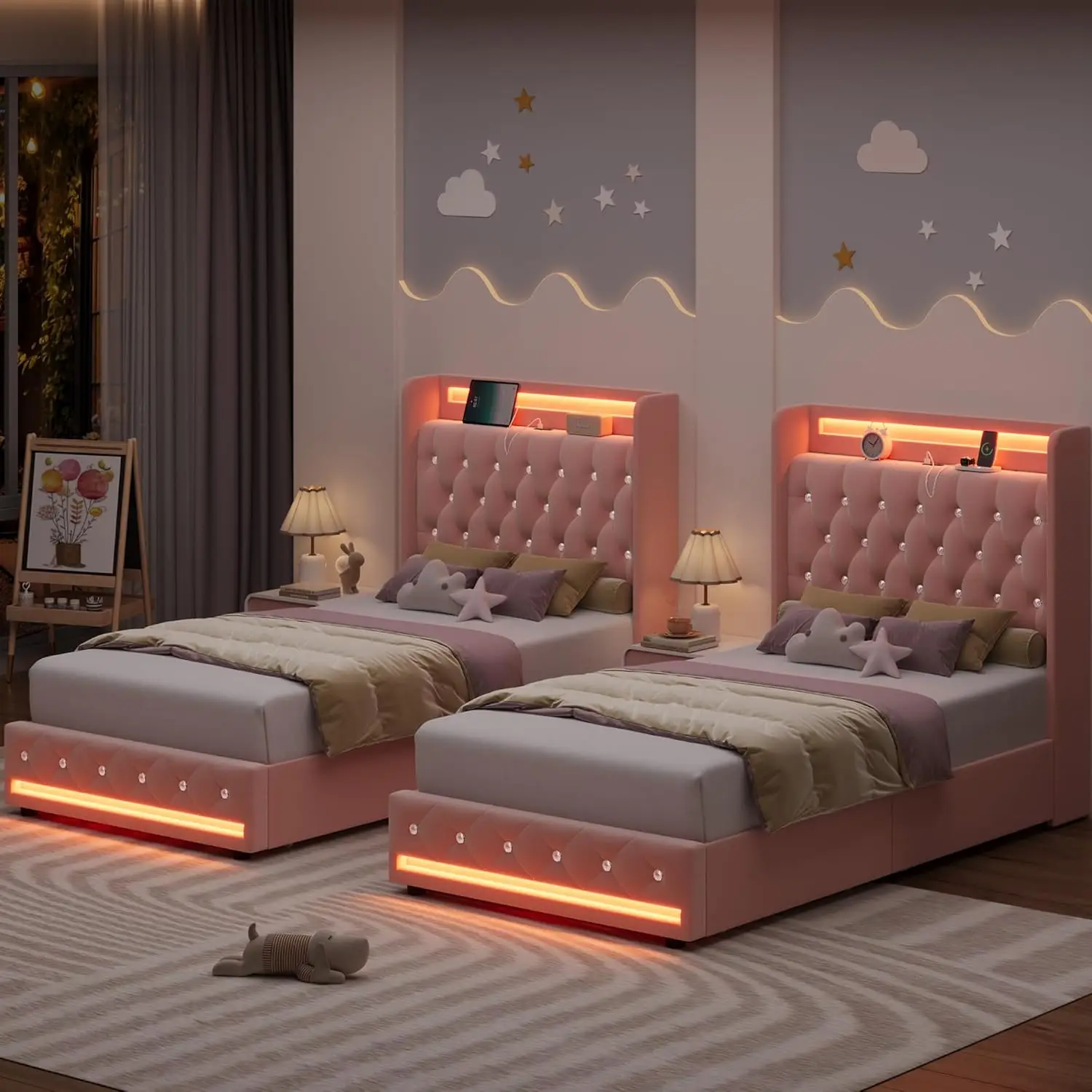 Twin LED Bed Frame with Charging Station Headboard & 4 Storage Drawers, Velvet Crystal Button-Tufted Princess