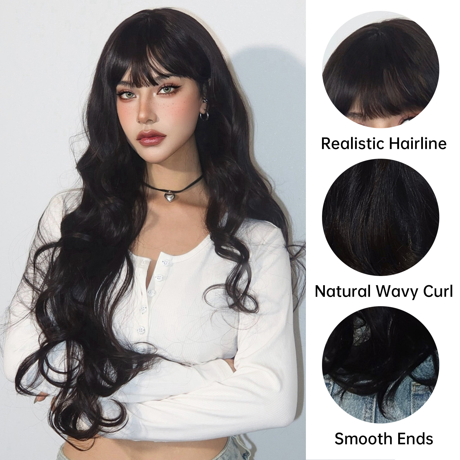 Super ยาวสีดํา Wavy วิกผมสังเคราะห์กับ Bangs สําหรับผู้หญิง Afro Dark Water Wave ฮาโลวีนคอสเพลย์วิกผมธรรมชาติทนความร้อน