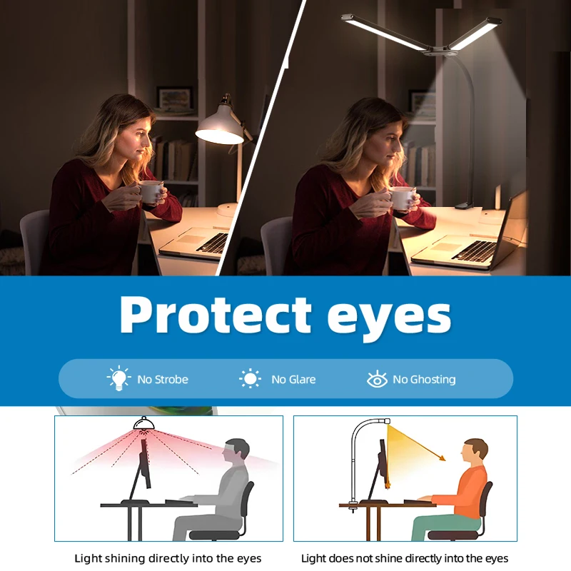 Double Head LED Desk Lamps Led Computer Monitor Light Stepless Dimmable USB Table Lamp for Office Study Reading Lighting Fixture