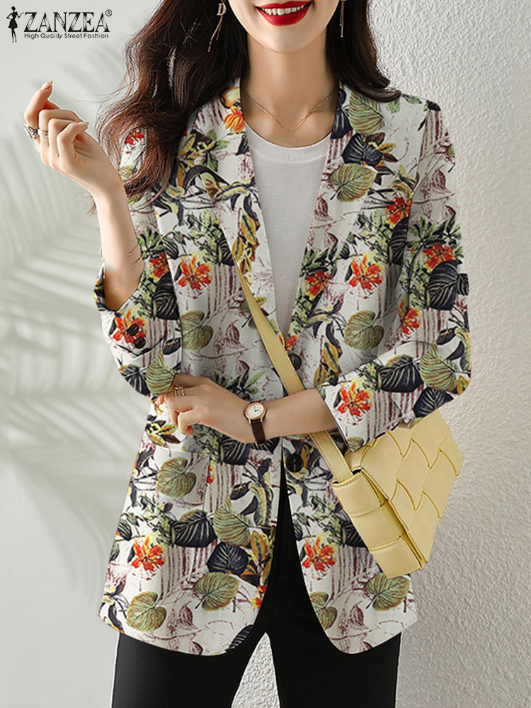ZANZEA-Chaqueta de otoño con estampado Retro para mujer, abrigos informales de manga larga con flores, chaquetas con solapa de un solo botón de gran tamaño