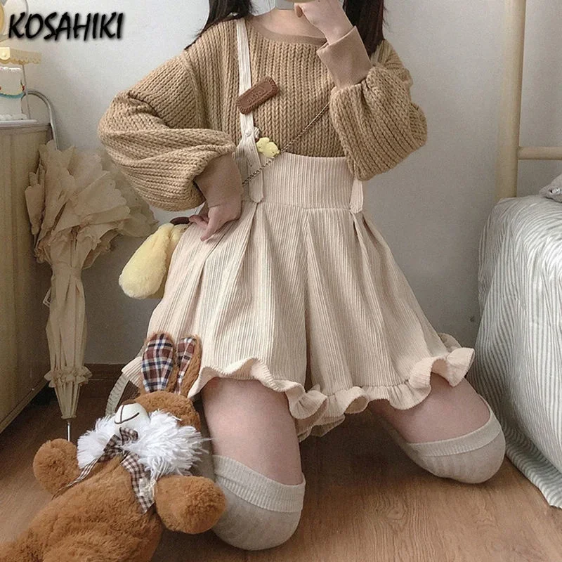 KOSAHIKI японские шорты Kawaii на бретелях, женские вельветовые однотонные короткие шорты с рюшами, 2025 г., милые комбинезоны в стиле Лолиты, Chores Para Mujer