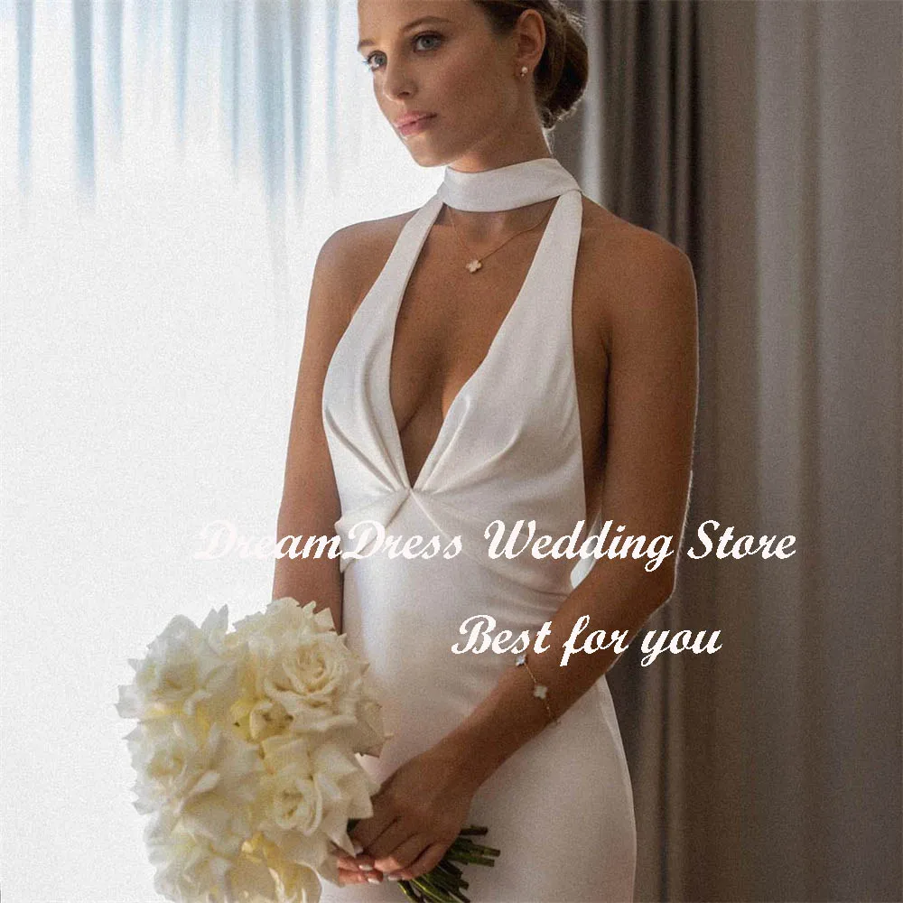 DREAM Personalizzato Semplice Scollo A V Halter Sirena Crepe Abito Da Sposa Per Le Donne Boheimian Backless Sweep Train Abito Da Sposa 2025