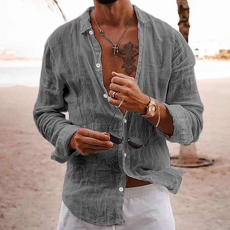 Camisa de manga larga 100% algodón de una sola fila con hebilla en el pecho y solapa para hombre, top informal de color sólido, moda europea y americana para hombre