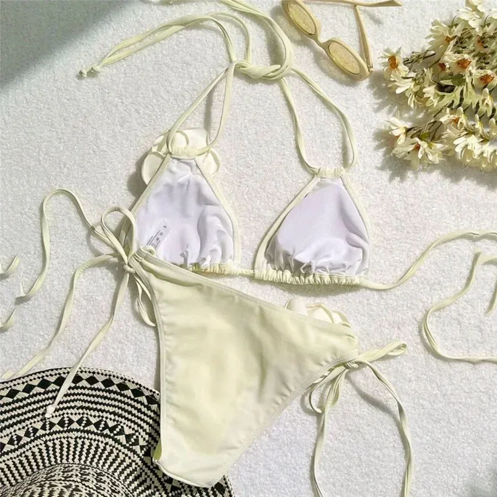Sexy 3D fleur noir Triangle Bikinis ensembles Micro String maillot de bain femmes String licou maillot de bain Bikini 2025 Mujer Biquinis nager