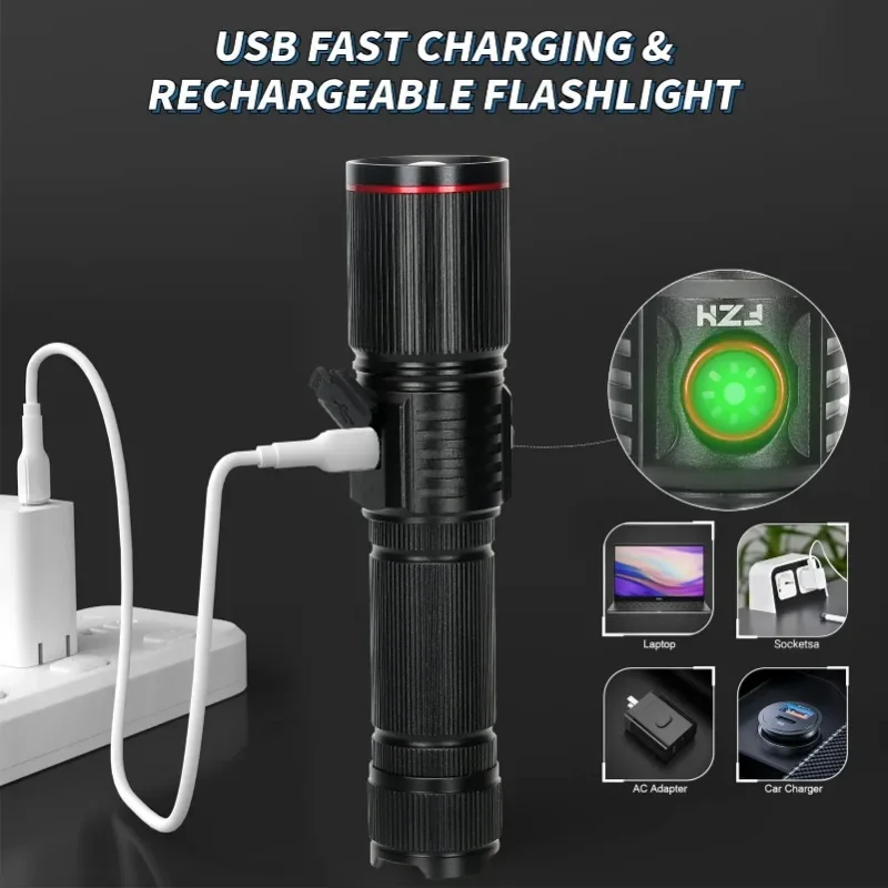 ไฟฉาย LED เลเซอร์สีขาวที่มีประสิทธิภาพ USB ชาร์จซูม 18650 แบตเตอรี่ Hand Light Long Shot สําหรับตั้งแคมป์ล่าสัตว์ตกปลา